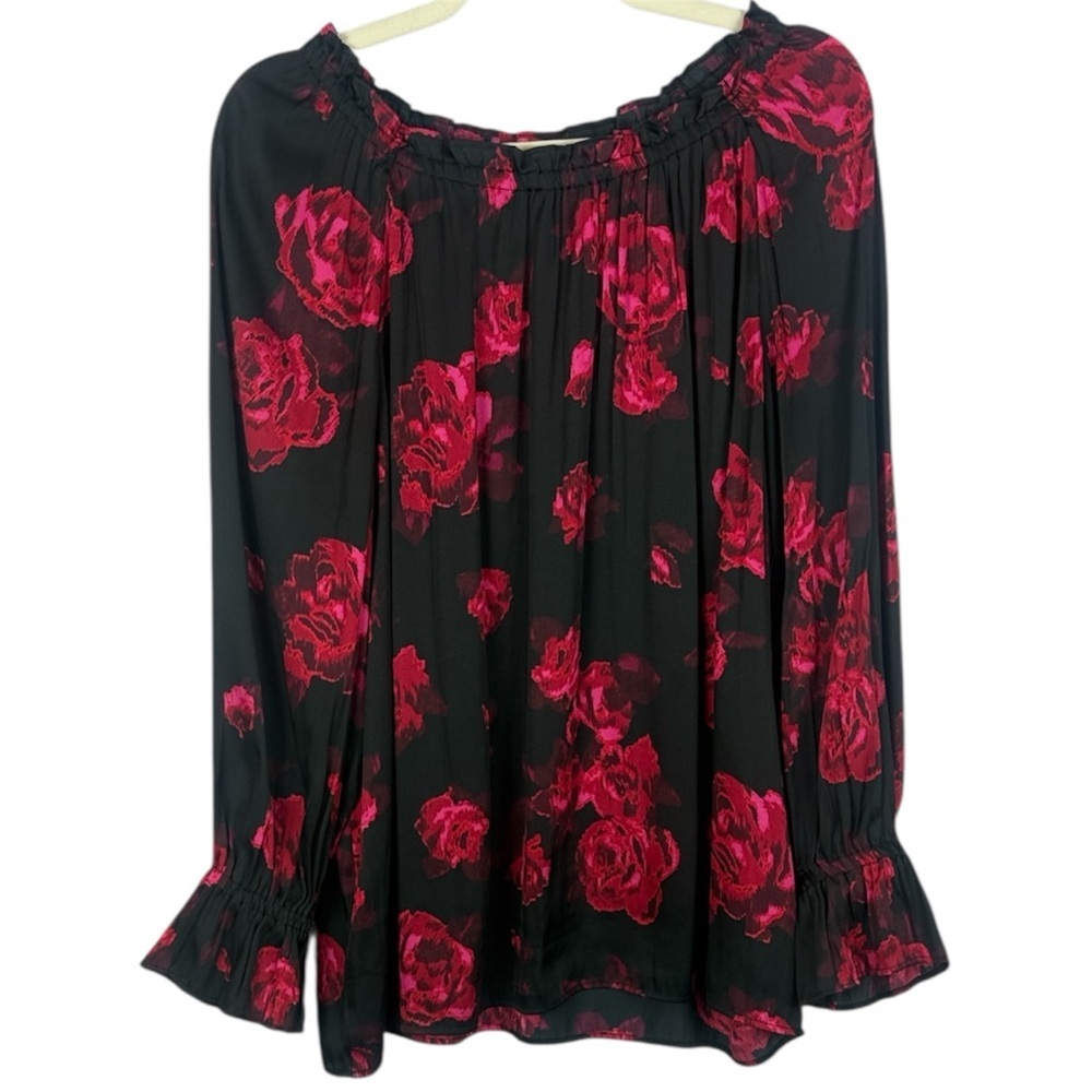 Talbots Black & Pink Dark Floral Rose Ruffle Neck Wrist Romantic Large Blouse